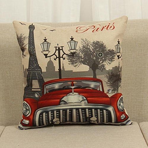 45cm Fashion Western Style Vintage Red Car Eiffel Tower Cotton Linen Fabric Throw Pillow Hot Sale 18 Inch New Home Bar Coffee House Decorative Pillowcase Sofa Back Cushion Cover for Office Nap