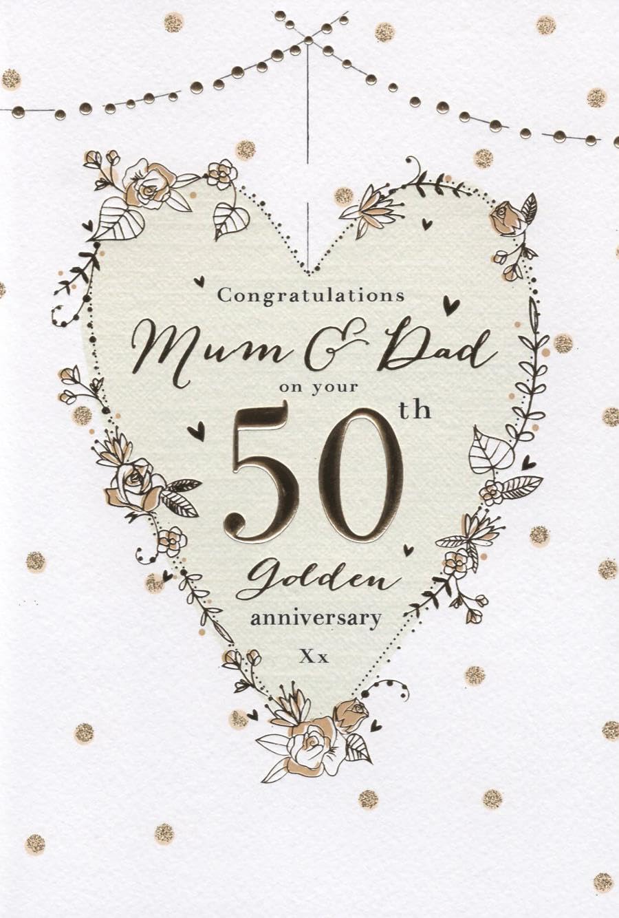 IC&G Golden Anniversary Card for Mum & Dad - Elegant Hanging Love Heart Design - Embossed Gold Foil - Premium Happy 50th Anniversary Greeting Card with Envelope - 50 Years