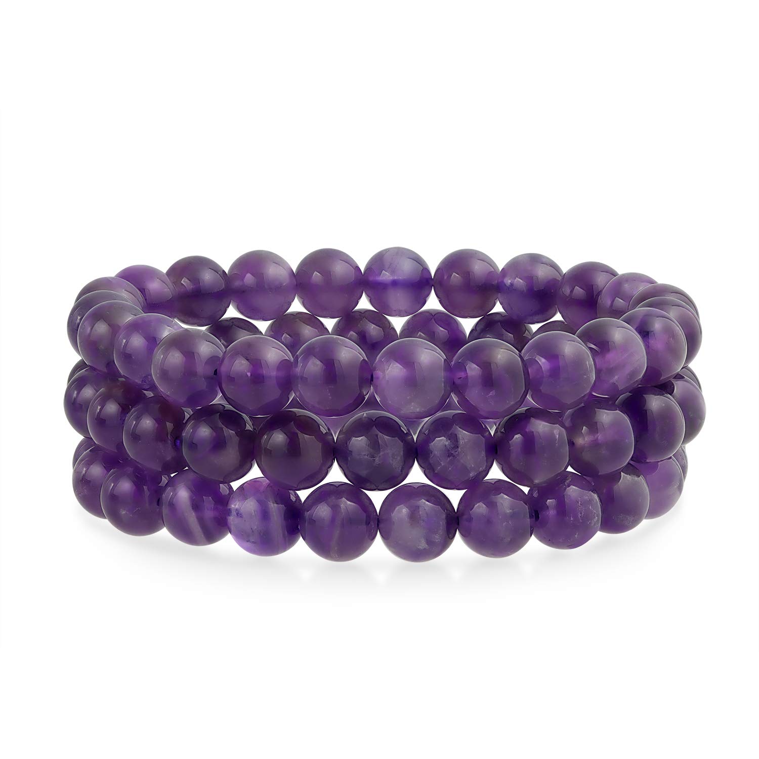 Bling Jewelry Set Of 3 Purple Gemstone Amethyst Round Bead 8MM Stretch Bracelet For Women Men Teen Unisex Single Strand Stackable