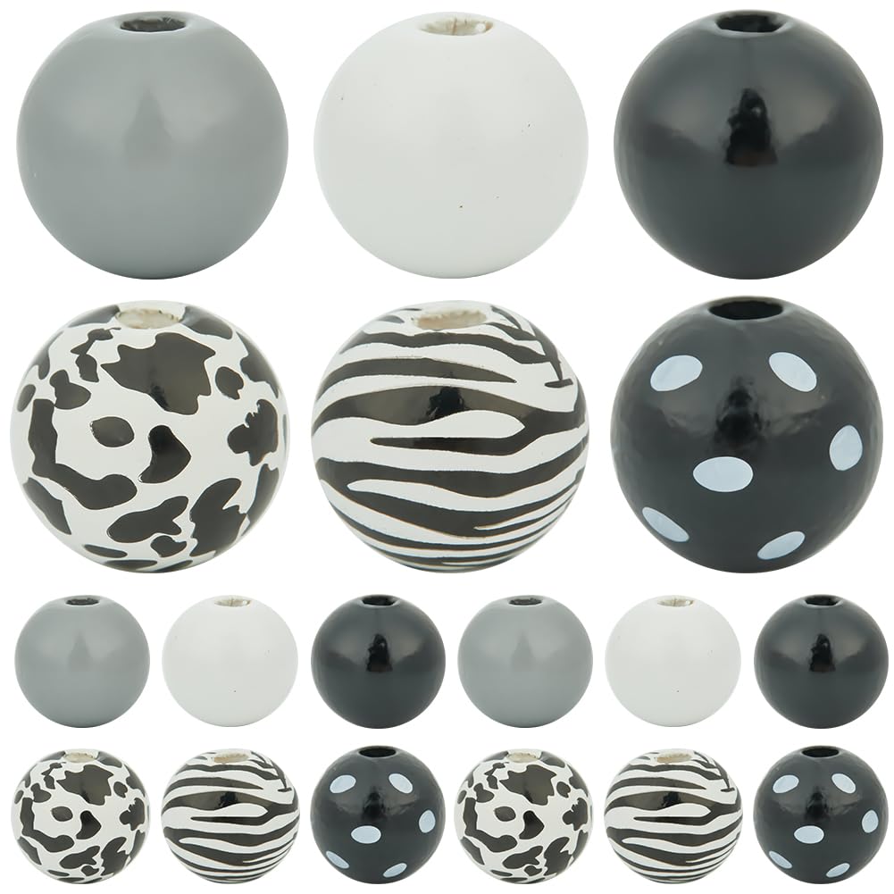SOFPLATE 120Pcs 6 Styles Painted Wood Beads Bulk Wooden Round Bead 16mm Assorted Natural White Black Grey Cow Pattern Farmhouse Loose Spacer Mini Beads for Bracelet DIY jewellery Making Necklace Craft