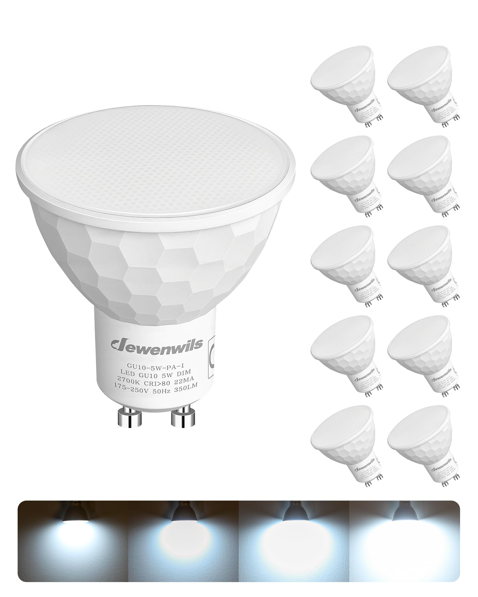 DEWENWILS 10 Pack GU10 LED Bulb Dimmable, 5W Cool White 6000K, 120° Wide Beam Kitchen LED Spot Light Ceiling, 350LM Energy Saving Bulb for Lamp, Recessed Lighting Bathroom