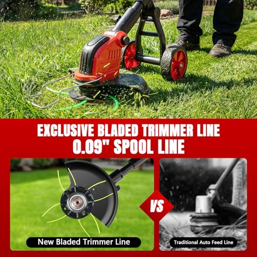 20000 RPM Electric Weed Wacker with Wheel,12″ Brushless Cordless Weed Eater Battery Powered, 4-in-1 Brush Cutter/String Trimmer/Grass Edger/Lawn Mower,Stringless Weed Trimmer 2 Battery (Red)