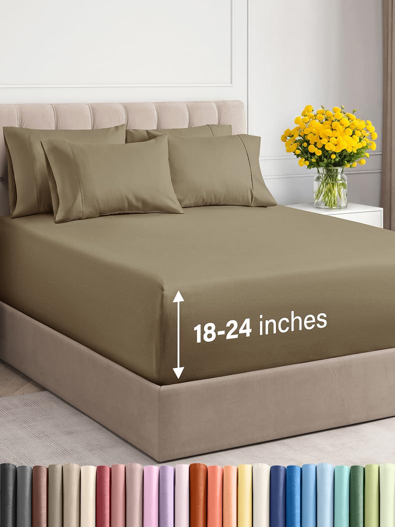 Photo 1 of Extra Deep King Sheet Set - 6 Piece Breathable and Cooling Sheets - Hotel Luxury Bed Sheets Set - Easy & Secure Fit - Soft, Wrinkle Free and Comfy Sheets Set - Khaki Sheet Set with Extra Deep Pockets