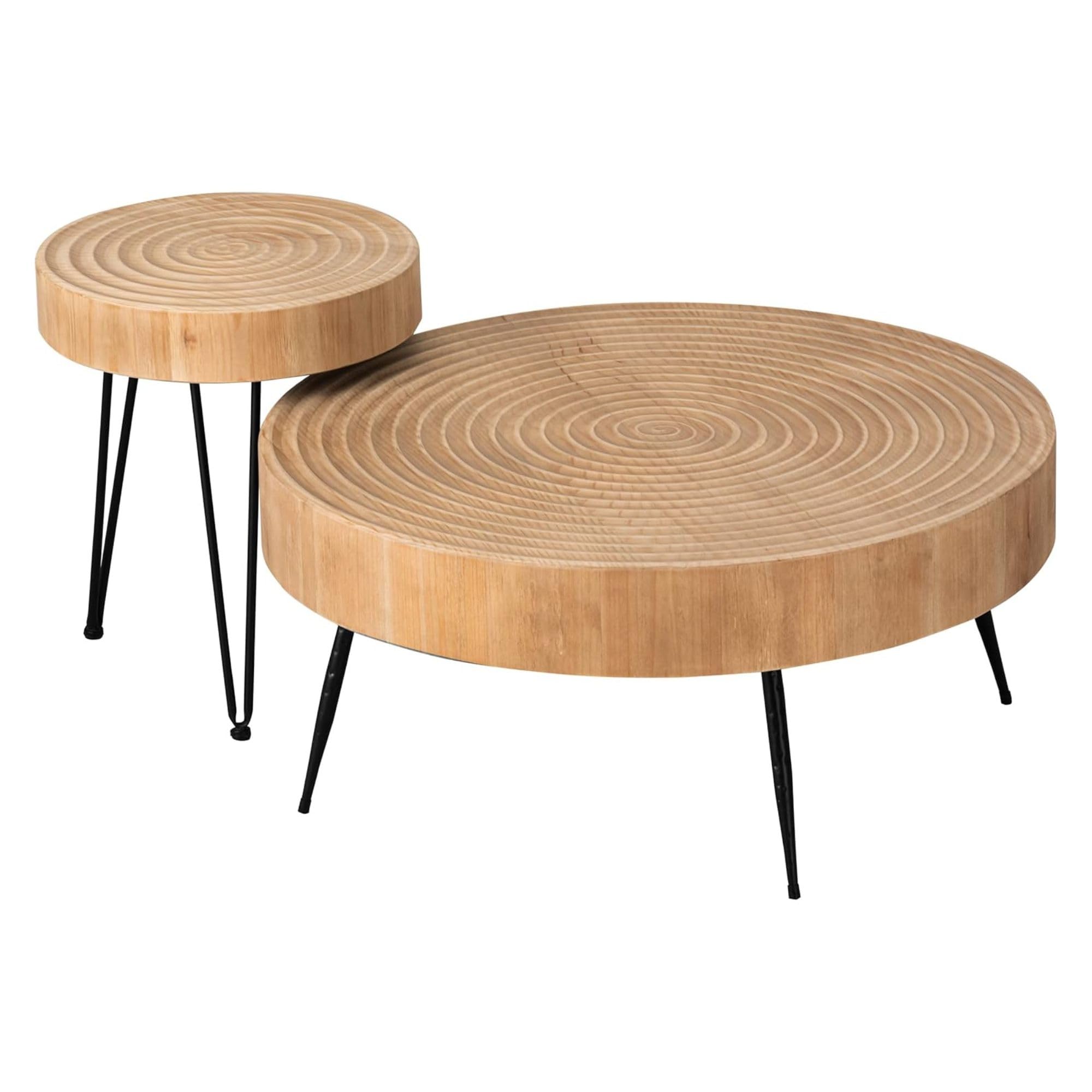 Photo 1 of **ONLY LARGER TABLE** 2-Piece Modern Farmhouse Living Room Coffee Table Set, Nesting Table Round Natural Finish with Handcrafted Wood Ring Pattern