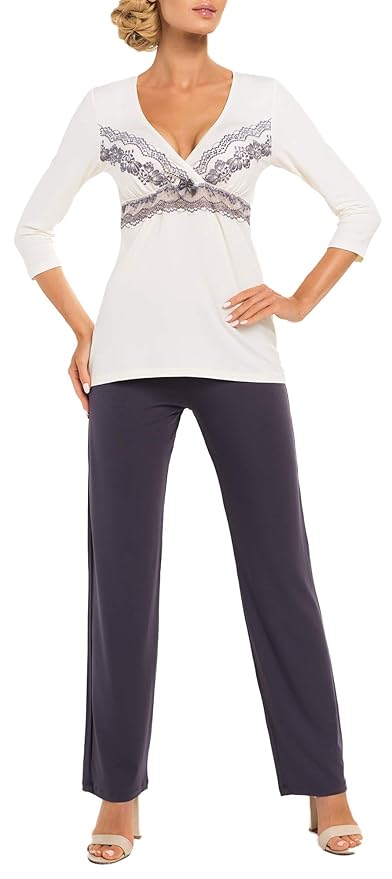 R-Dessous Donna Hochwertige Damen Nachtwäsche Viskose Pyjama Langarm Schlafanzug Hausanzug Shirt Lange Hose