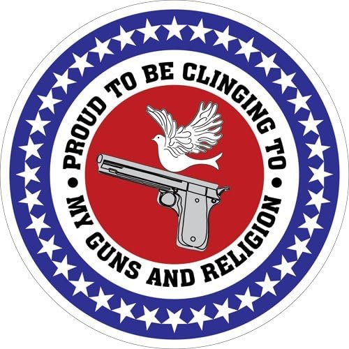 Proud to Be Clinging to My Guns and Religion with dove and pistol; Round Bumper Sticker