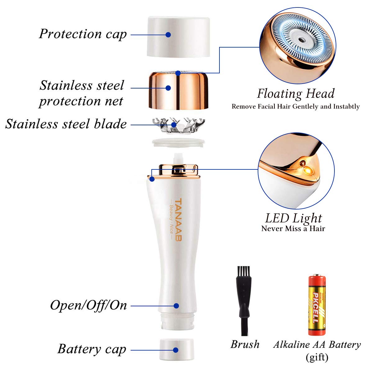 Facial Hair Removal for Women, TANAAB Painless Waterproof Smooth Facial Hair Remover Shaver Razor for Face Upper Lip Chin Cheeks Arm Built-in LED Light - White Gold