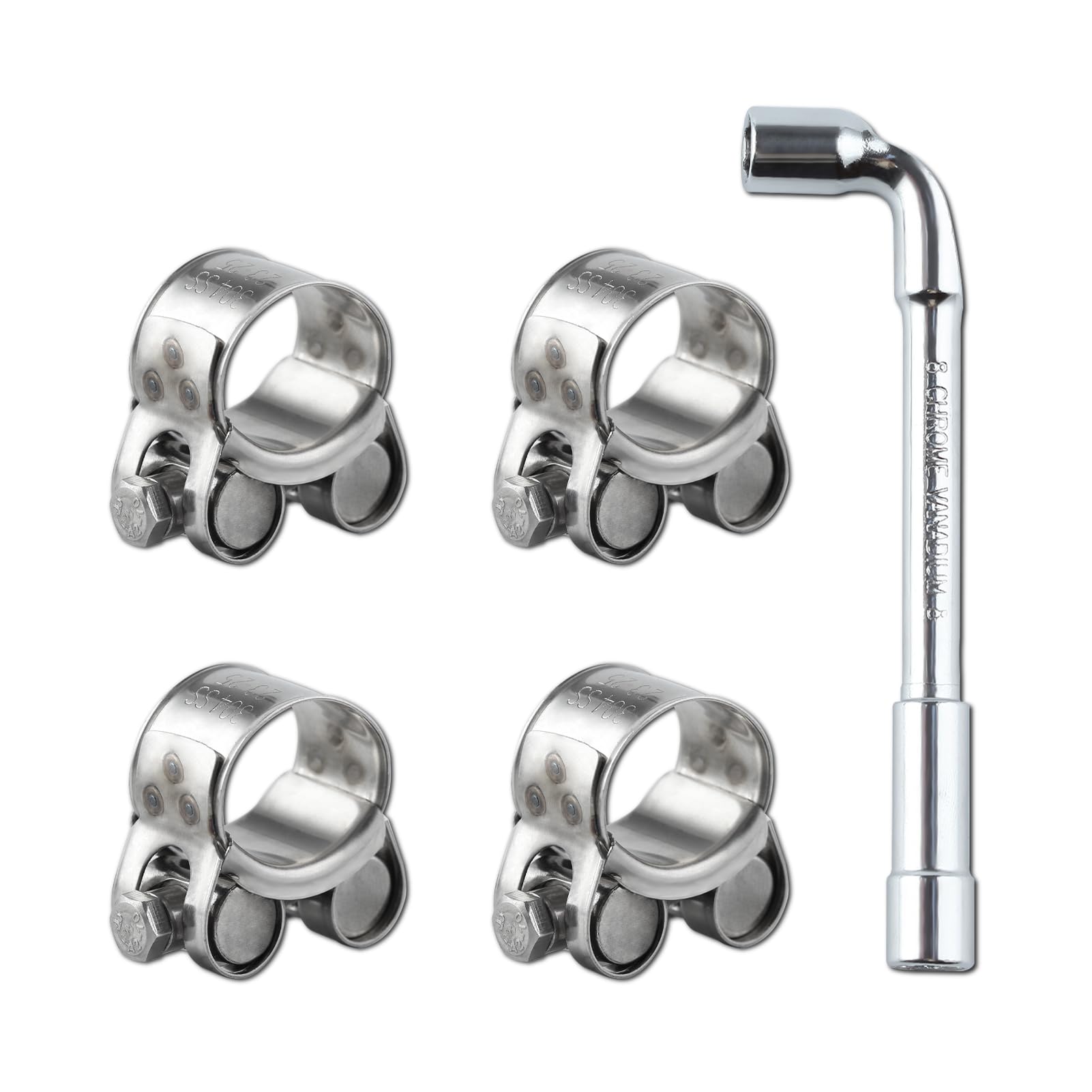 LEONTOOL 4 PCS 23-25mm Range T-Bolt Hose Clamps, Heavy Duty Adjustable Pipe Clamps with Wrench, 304 Stainless Steel Turbo Pipe Clamps for Automotive Intercooler Radiator Heater High Pressure Hose
