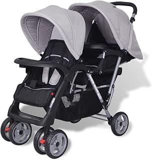 mewmewcat Geschwisterwagen Geschwisterwagen Kinderwagen Geschwisterkinderwagen aus Stahl + Oxfordgewebe für 1-2 Kinder bis zu je 15kg - Grau und Schwarz