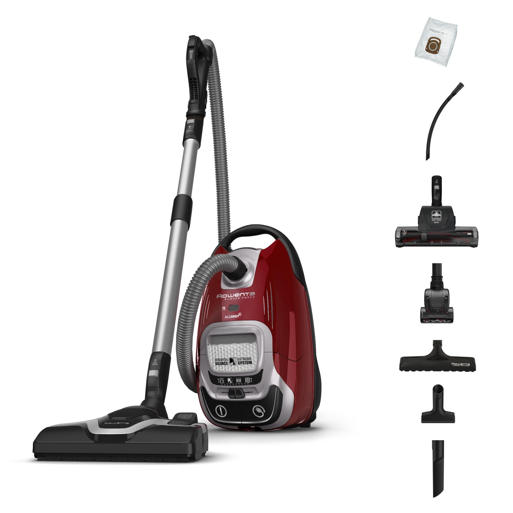 Rowenta Silence Force Effitech Aspirateur Avec Sac, Basse Conso, Silencieux 57 Db(A), Filtration Haute Efficacité, Rayon D'Action 12 M, 4,5L Ro7474Ea, Rouge Tanin