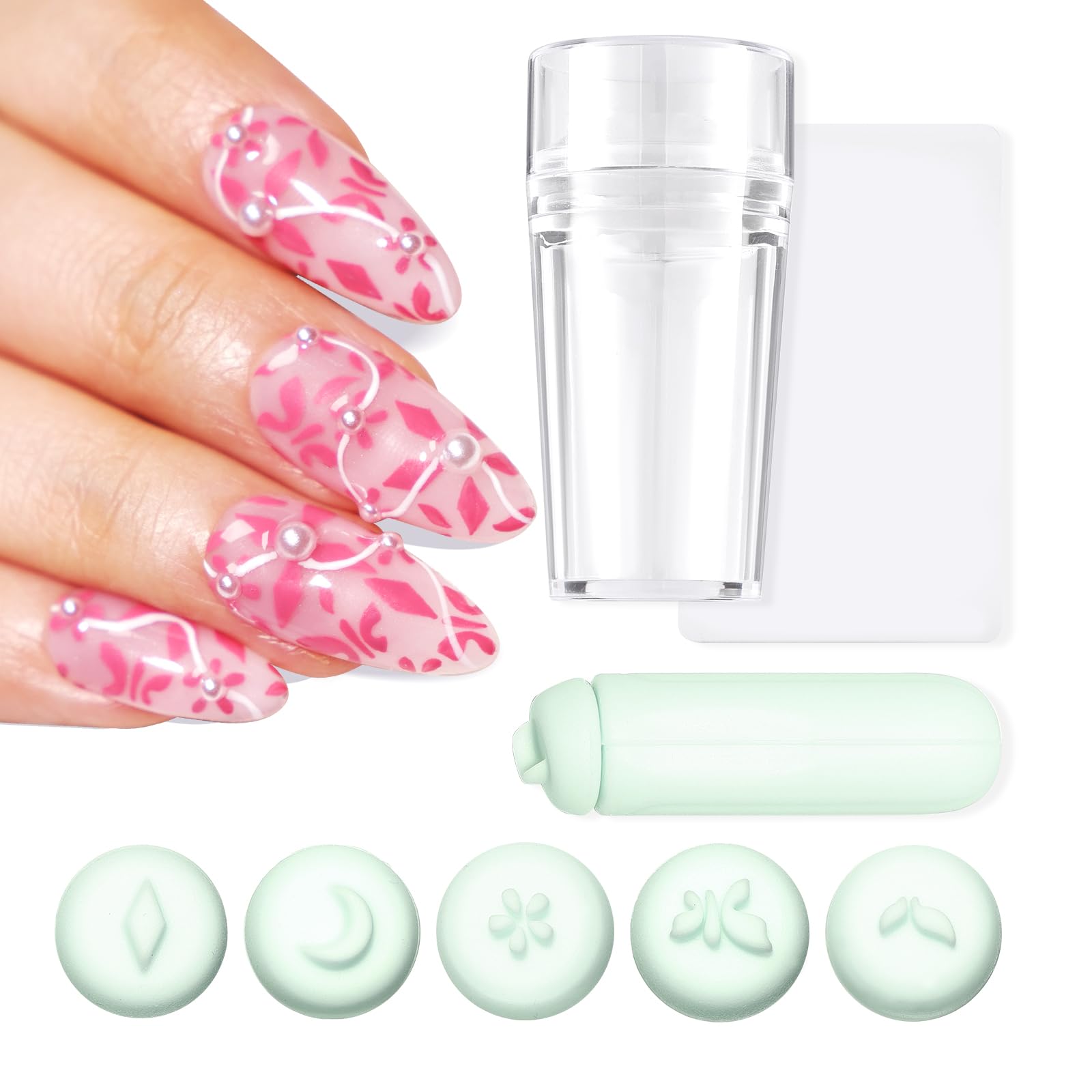 U-Shinein Nail Stamper Kit, French Silicone Nail Stamper Kit & Nail Art Stamp Pen, Nail Art Pen Replaceable Flower Leaf Nail Stamping Tool with Different Patterns Pink Home DIY Nail Art Salon，#Green