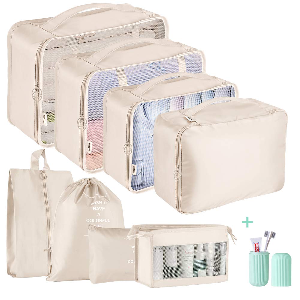 Packing Cubes for Suitcase,Geediar 9 PCS Travel Luggage Packing Organizers Waterproof Travel Essentials Bag Clothes Shoes Cosmetics Toiletries Storage Bags(c-Beige)…
