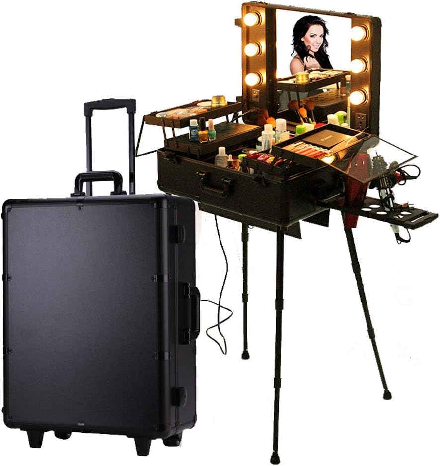 Makeup Trolley On Universal Wheels Extra Large Cosmetic Case With Light/Support/Mirror Rolling Train Case Beauty Box Vanity Case Hairdressing Organizer For Salon, Beauty Studio, Professional Makeup A