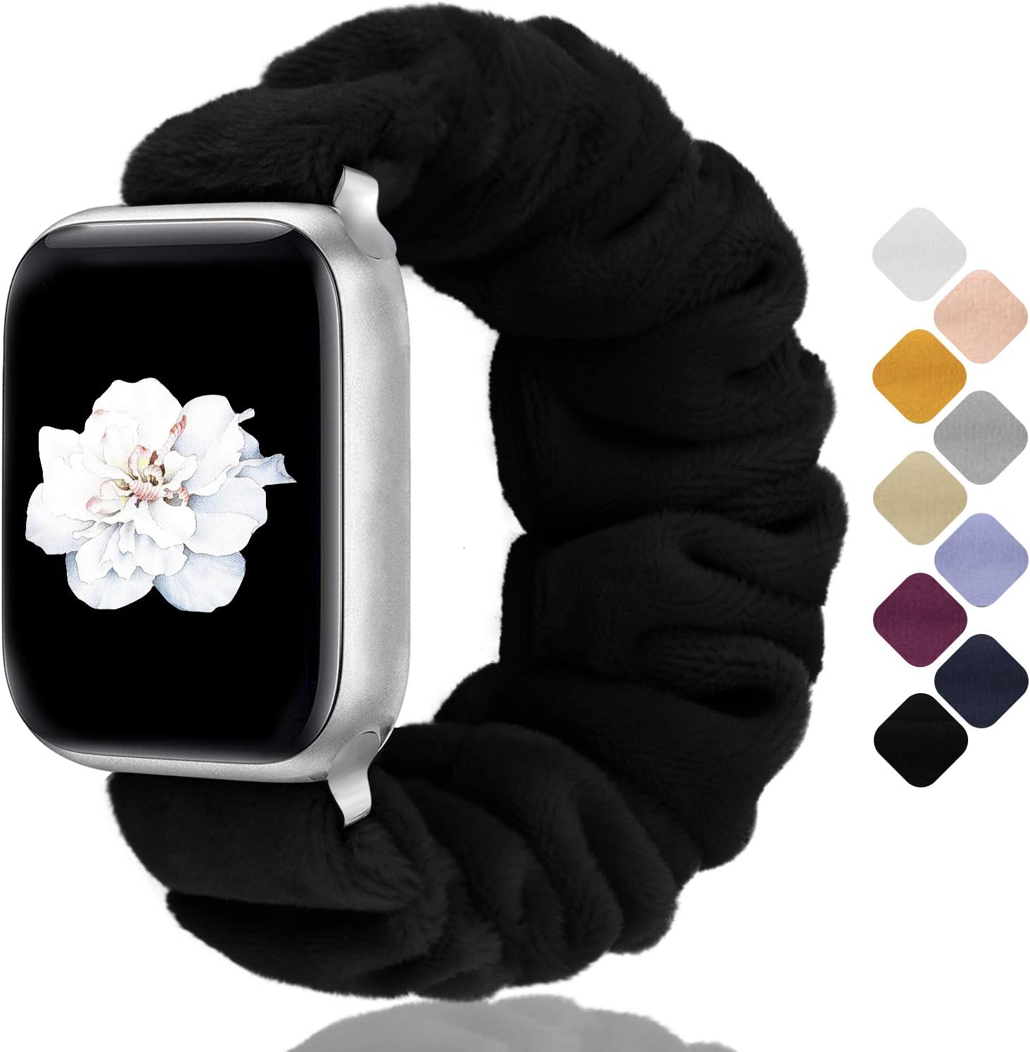 Greatfine Compatible with Apple Watch Band Scrunchie 38mm 40mm 42mm 44mm for Women,Stretchy for iwatch Bands,Short Plush Fabric Bracelet Straps for Apple Watch Series SE 6 5 4 3 2 1(Black,38/40-S)