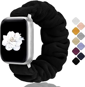 Greatfine Compatible with Apple Watch Band Scrunchie 38mm 40mm 42mm 44mm for Women,Stretchy for iwatch Bands,Short Plush Fabric Bracelet Straps for Apple Watch Series SE 6 5 4 3 2 1(Black,38/40-S)