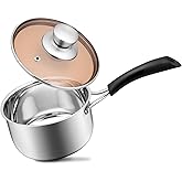 1 Quarts 18/10 Stainless Steel Saucepan, Joyfair Small Sauce Pan Milk Pot with Glass Lid for Cooking Stewing Boiling Spaghetti Soup, Extra Pan Wall & Heat-proof Bakelite Handle, Dishwasher Safe