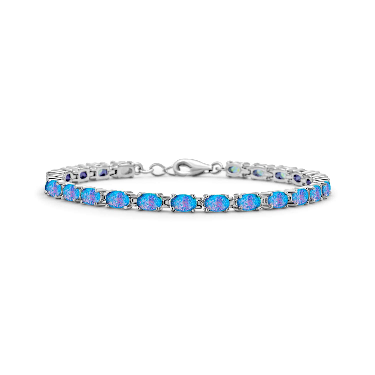 Bling Jewelry Simple Strand Created Blue Opal Tennis Bracelet For Women .925 Sterling Silver October Birthstone 7-7.5 Inch — image 1