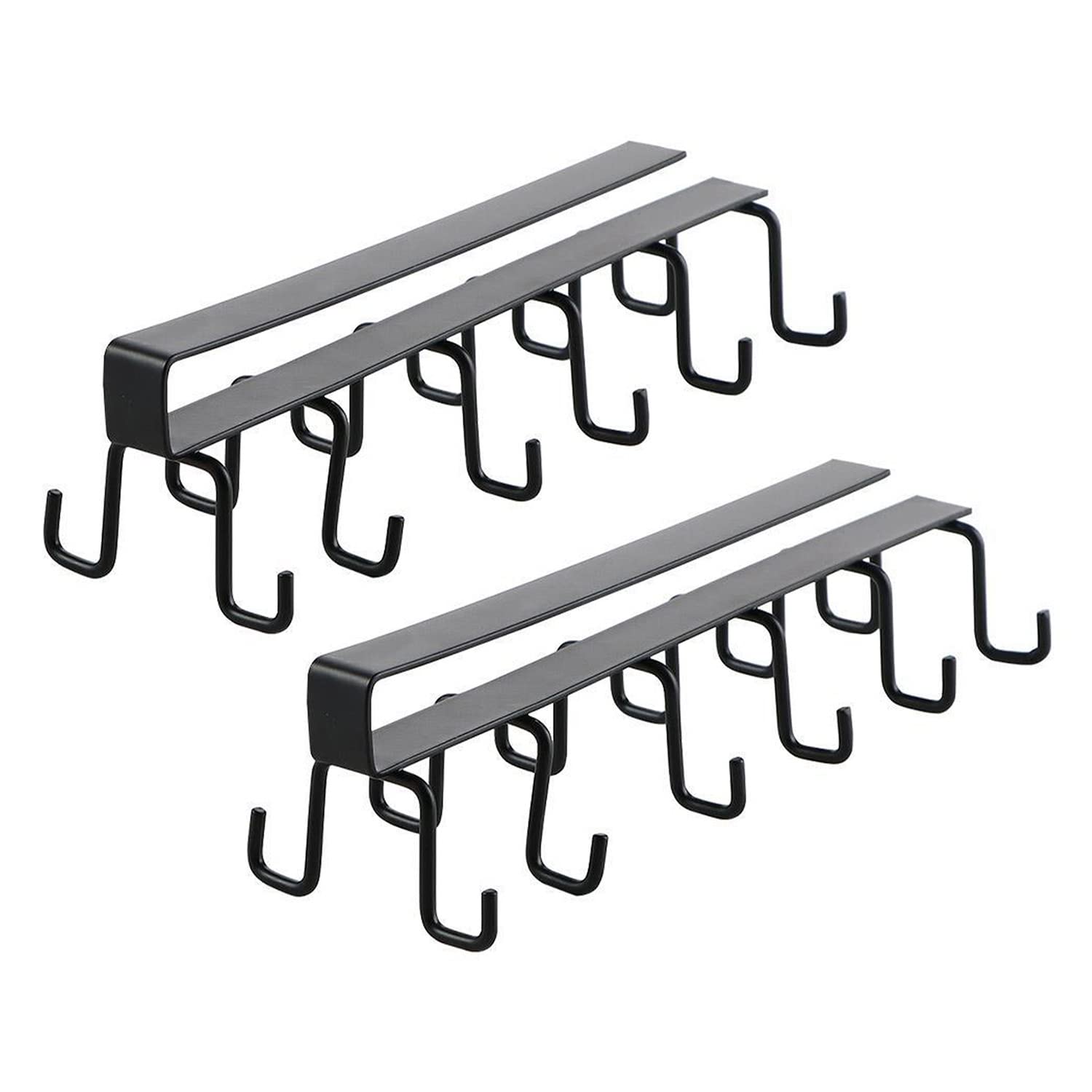 Esoes Cup Holder Under Cabinet 2 Pack Coffee Tea Cup Mug Holder with 12 Hooks Under Shelf Cups Storage Rack Kitchen Utensil Hanging Rack Drilling Free (Black)