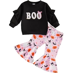 Eadrioss Toddler Baby Girl Halloween Outfit | Boo Embroidery Crew Neck Long Sleeve Shirt, Pumpkin Ghosts Bats Spider Webs Pri