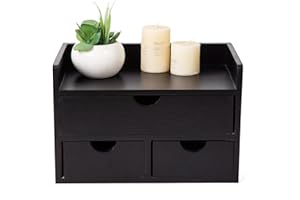 VERGOODR Rustic Distressed White 3-Tier Wood Desk Organizer with 3 Drawers Mini Storage Shelf for Office, Toiletries, Vanity (Black)