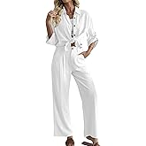 heipeiwa Women's 2 Piece Outfits Linen 3/4 Sleeves Button Down Shirts Wide Leg Pants Sets Tracksuit Casual Vacation Clothes