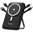 TXQX Wireless Portable Charger 10000mAh, Magnetic Power Bank with Built-in Cables LED Display,Mag-safe Battery Pack with Stand 22.5W PD Fast Charging for iPhone 16/15/14/13/12/Pro/Mini/Pro Max (Black)
