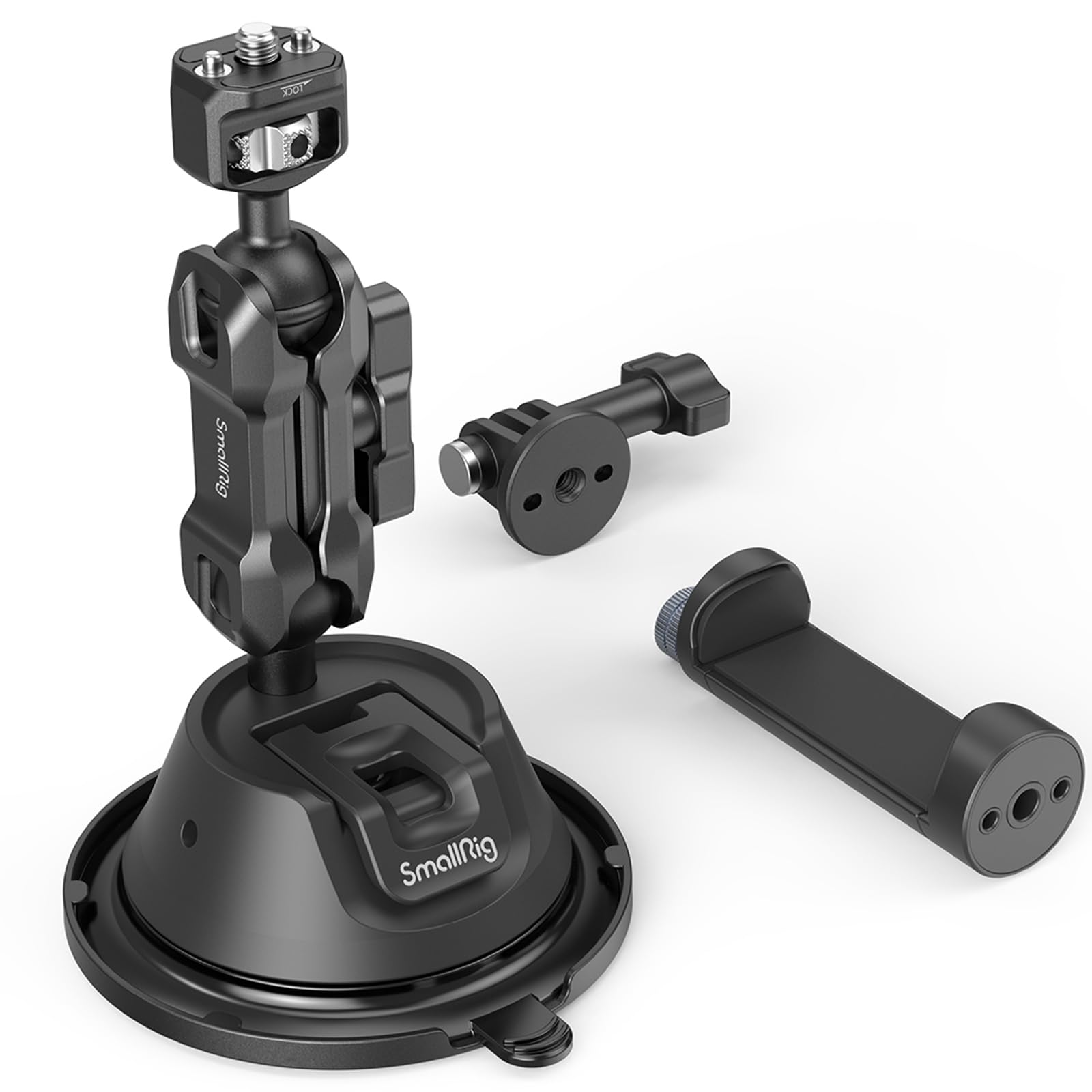 SMALLRIG Soporte de ventosa para Gopro con pasador antigiro, soporte de metal para parabrisas de coche exterior, soporte de tablero con brazo mágico de doble cabeza de bola, fuertes ventosas patentadas de doble capa para Vlogging - 4275
