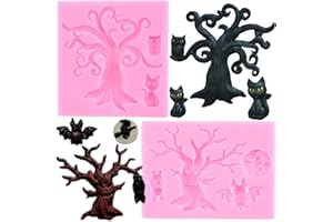 Mujiang Halloween Tree Cat owl Silicone Mold Witch Bat Fondant Mold For Cake Decorating Candy Chocolate Polymer Clay Gum Paste Set Of 2