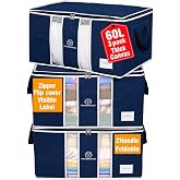 Clothes Storage Bag Organizer for, Blankets, Clothing, Comforters and Bedding Sets - Stackable with Zippers - Clear Window (Blue)