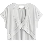WDIRARA Women's Stripe Open Back Criss Cross T Shirts Cut Out Short Sleeve Tee Top