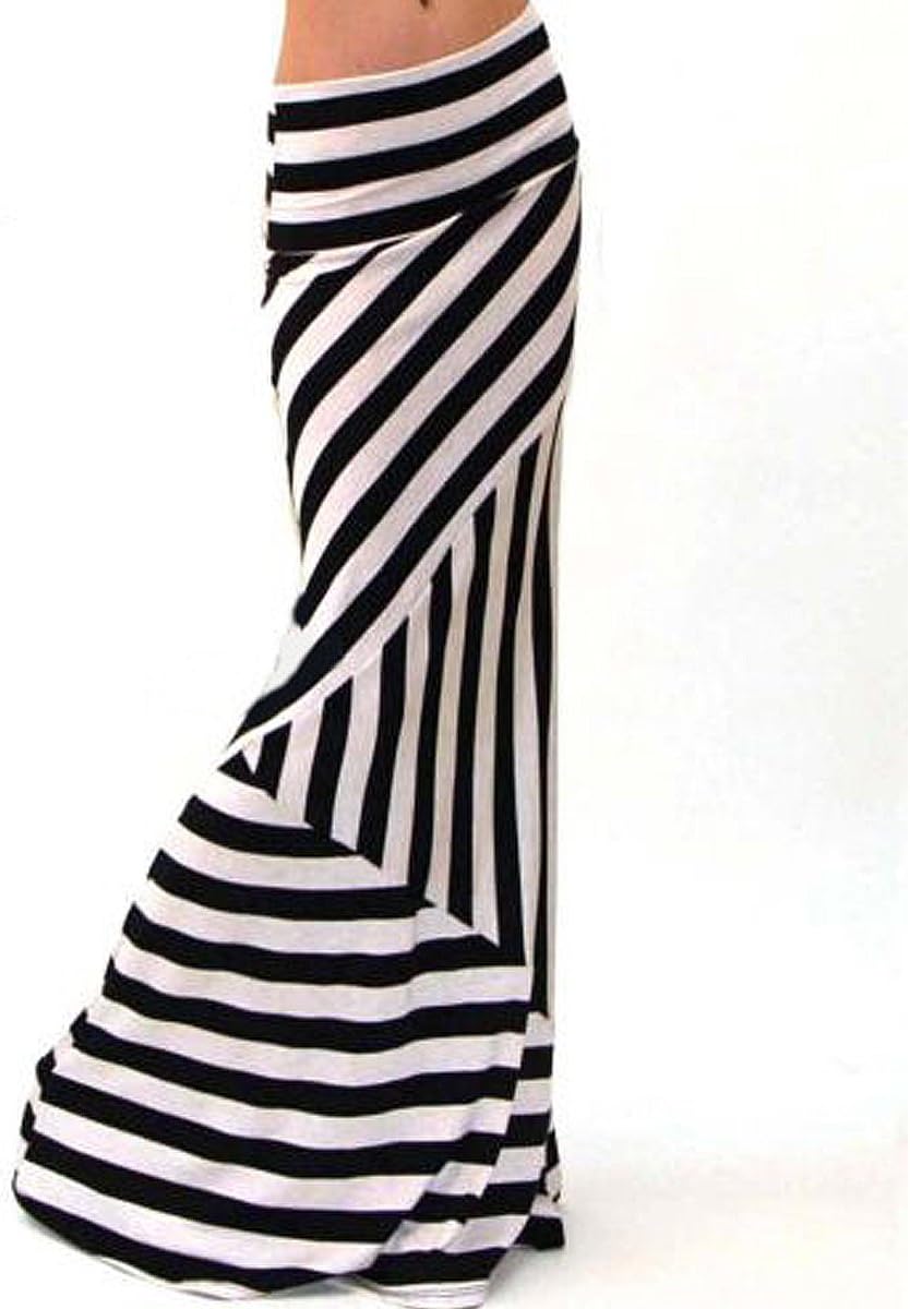 Women's Summer High Waist Maxi Skirt Fold Over Elastic Waist Long Skirt Black and White Striped Beach Skirt