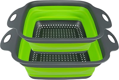 AUAUY Collapsible Colander Set 2Pcs Square Silicone with Handles Gray Green