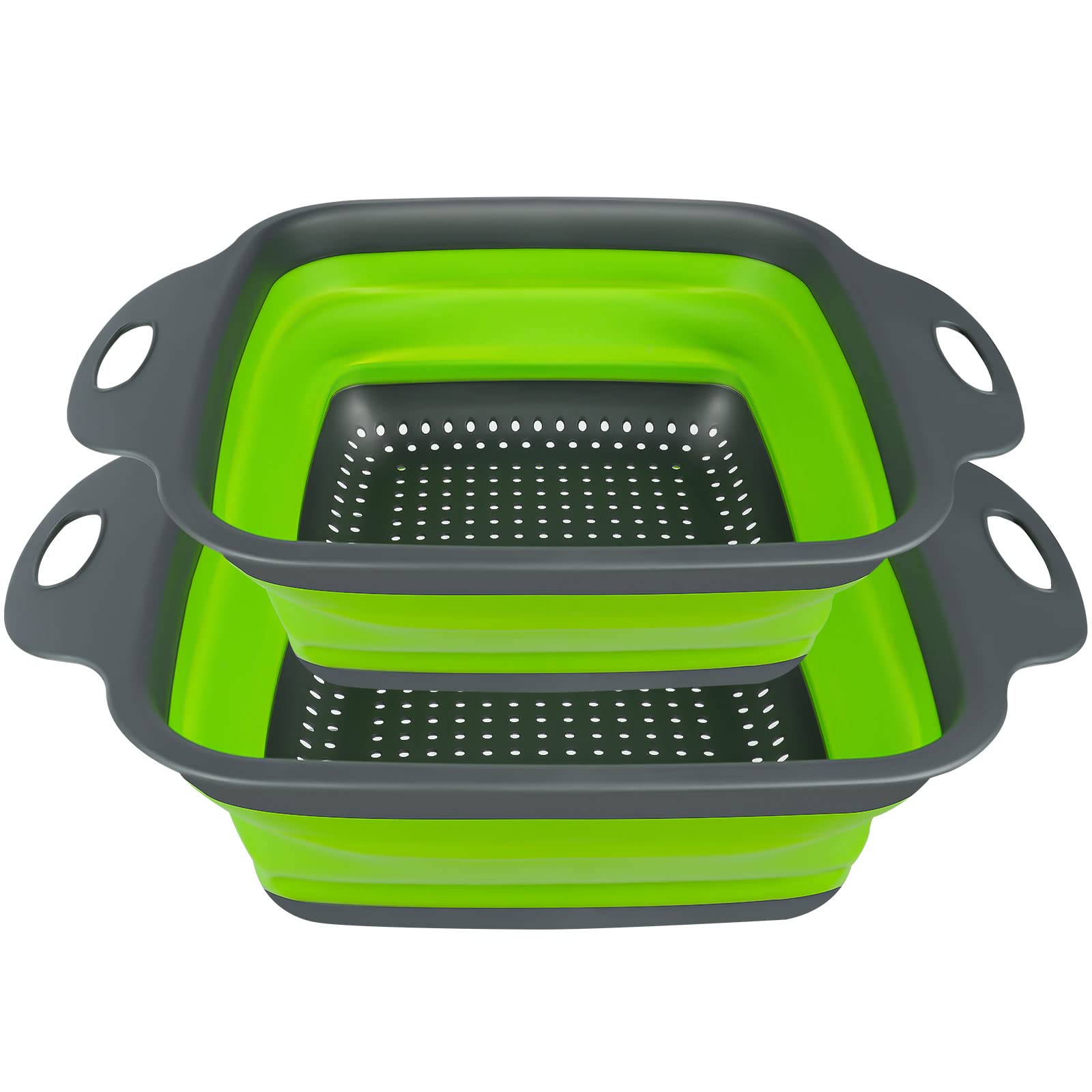 AUAUY 2 PCS Collapsible Colander Set, Square Silicone Folding Colander with Plastic Handles, Eco-Friendly Large Hole Kitchen Strainer for Draining Pasta Vegetables Fruits-1 Large and 1 Small