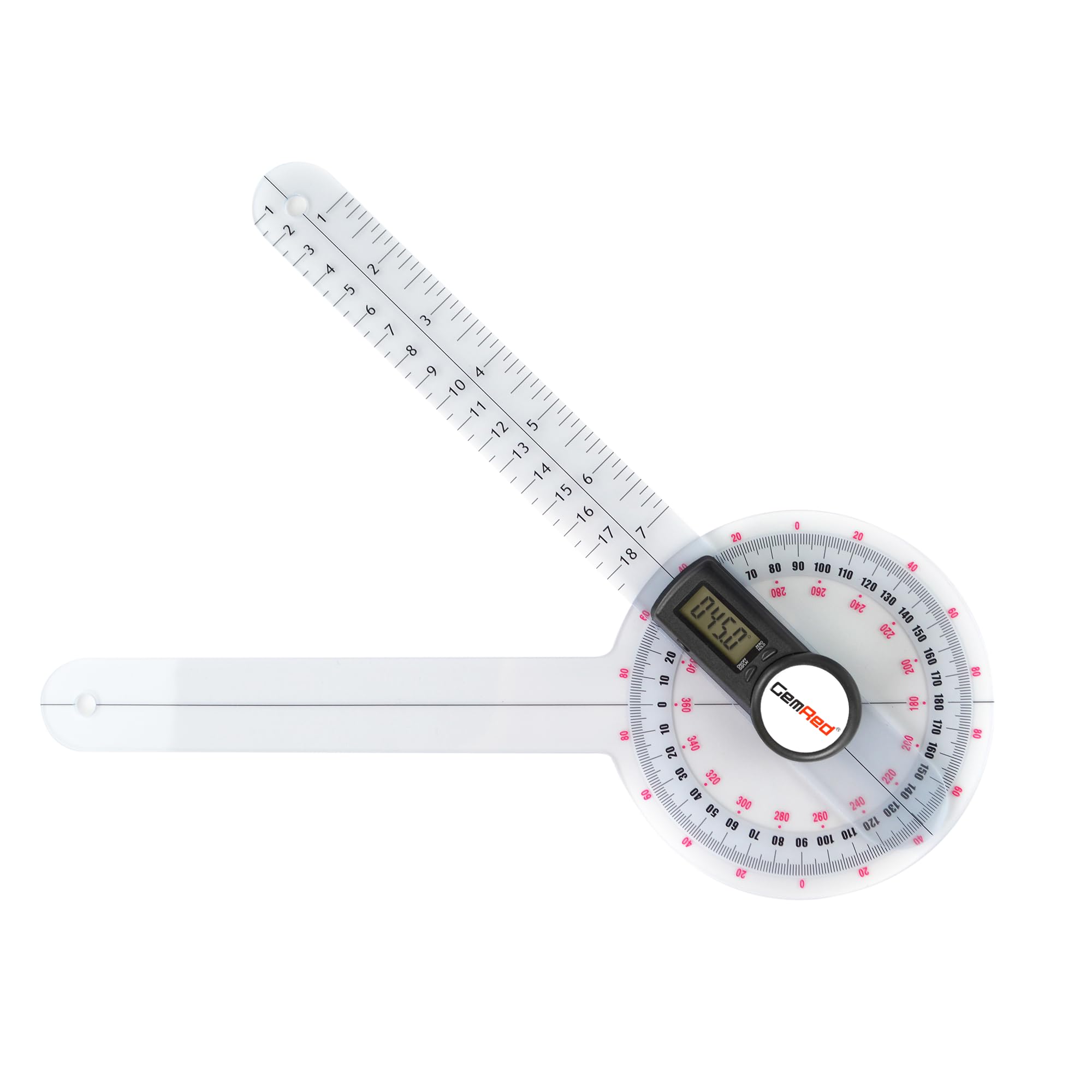 GemRed Digital Goniometer - 12 Inch Transparent Orthopedic Angle Protractor with Large Digital Display, 360 Degree Angle Ruler for Body Joint Measuring