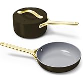 Caraway Non-Stick Ceramic Mini Cookware Set | Ceramic Fry Pan (1.05 qt, 8") Sauce Pan (1.75 qt) and Storage Rack, Non Toxic, PTFE &amp; PFOA Free, Black