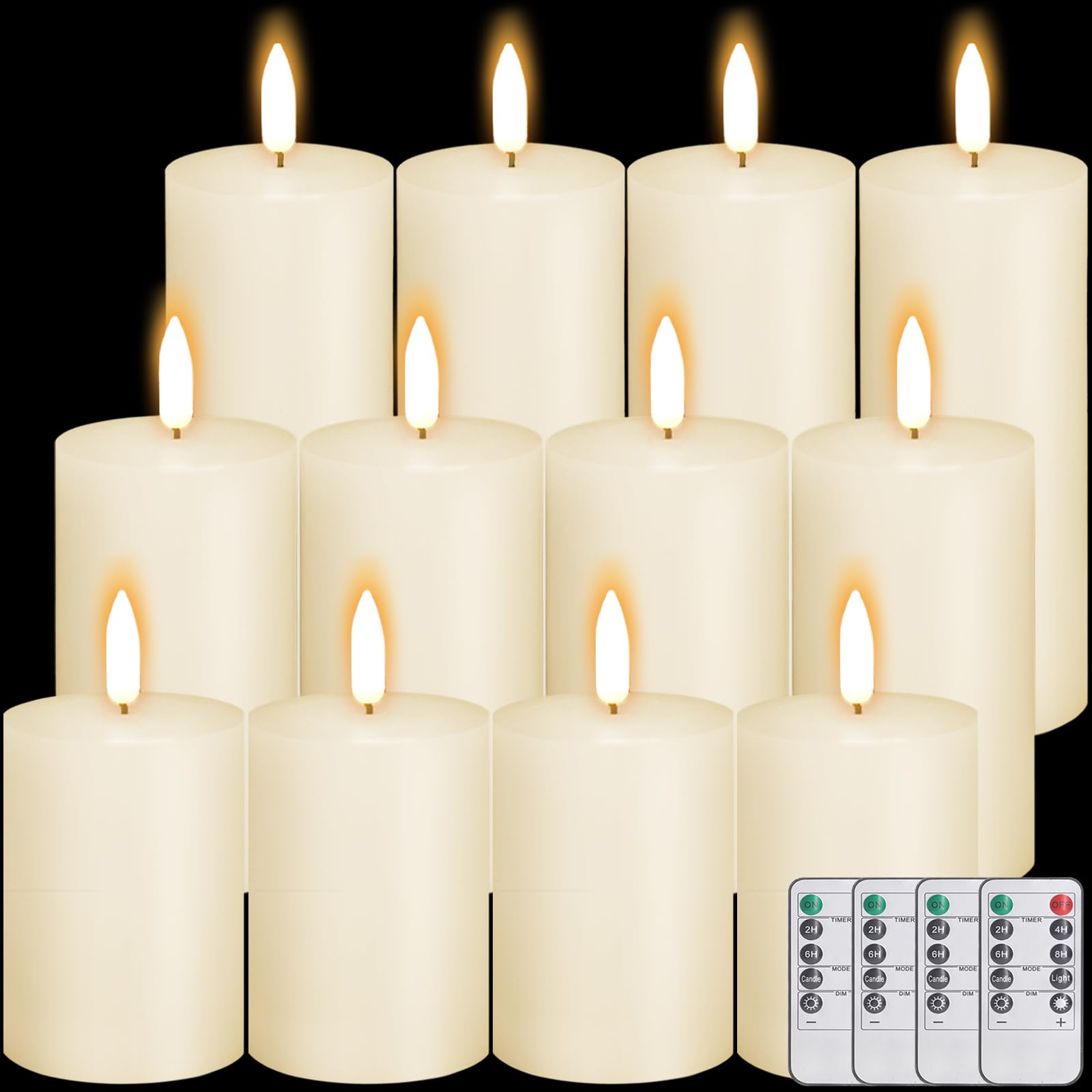 Photo 1 of 12 Pcs Ivory Flameless Candles Flat Top LED Candles with Remote Timer, Pillar Flameless Candle Bulk Flickering Battery Operated Candle for Wedding Festival Outdoor Home Decor D 3'' H 4'' 5'' 6''