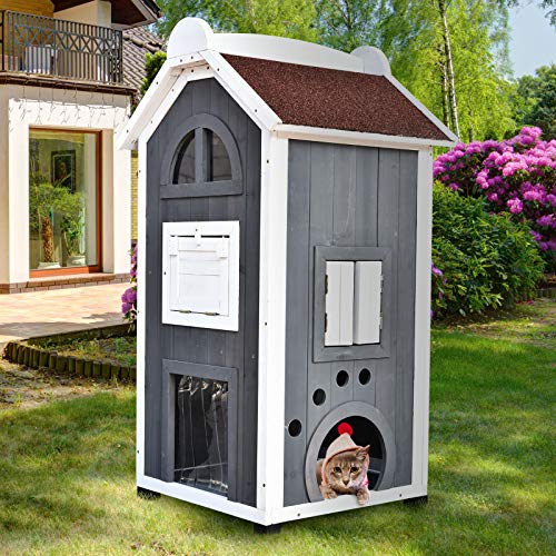PawHut Katzenhaus für DrauÃen 2-stöckiges Katzenhaus aus Tannenholz, wetterfest Katzenhütte mit Asphaltdach, Blau, 59 x 55 x 109 cm – Bild 3