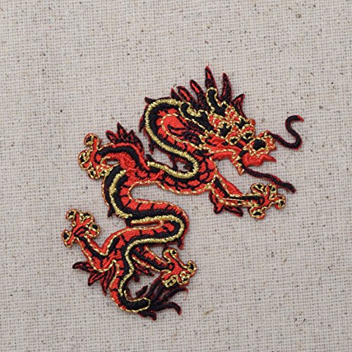 Small - Dragon - Facing Right - Red/Black - Iron on Applique/Embroidered Patch