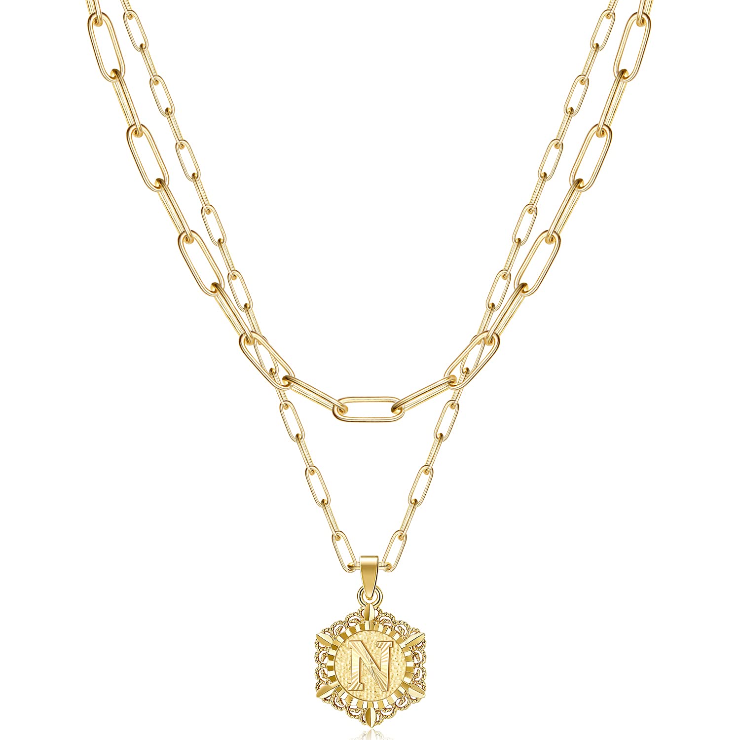 KissYan Initial Necklaces for Women, 14K Gold Plated Hexagon Letter Pendant Silver Chain Dainty Layered White Gold Paperclip Link Adjustable Capital A-Z Choker Necklace Trendy Jewelry Gifts