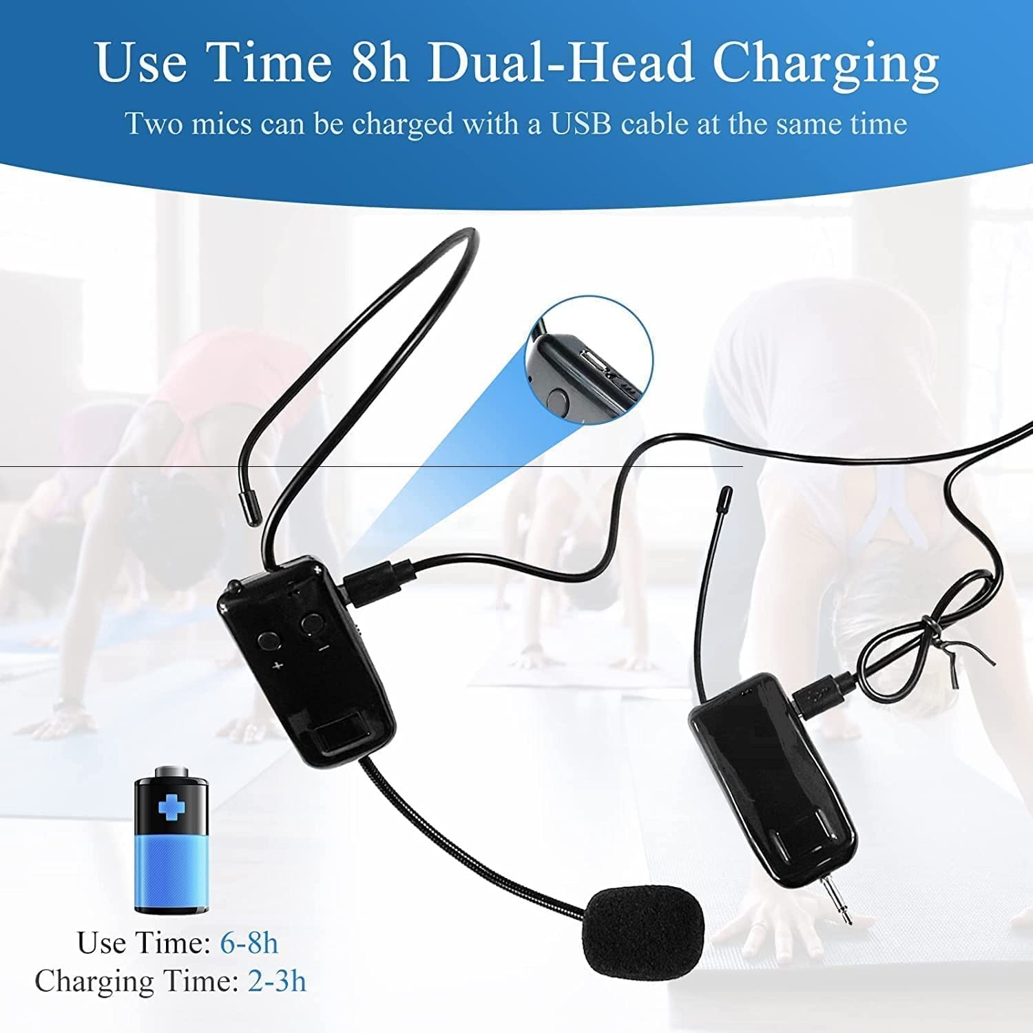 Wireless Microphone Headset, 2.4GHz, 165ft Range, Dual Micro USB Charging, Compatible with Voice Amplifier, Camera Recording, PA System