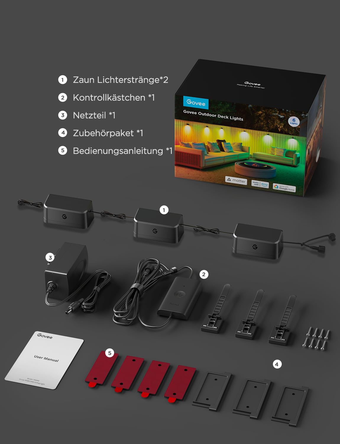 Govee Wandleuchte Aussen, RGBWIC, 180lm mit 4000K Smartes Weißlicht, Musik-Sync und über 60 Szenenmodi, IP65 wasserdicht für Garten, Zaun, funktioniert mit Alexa und Matter, Google Assistant, 6er-Pack 9