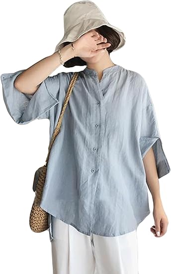 Amazon ニカ レディース トップス 薄手ゆったり シャツ レディース 夏 5分袖 トップス おしゃれ シャツ ゆったり 綿麻 Tシャツブルーt7 シャツ ブラウス 通販