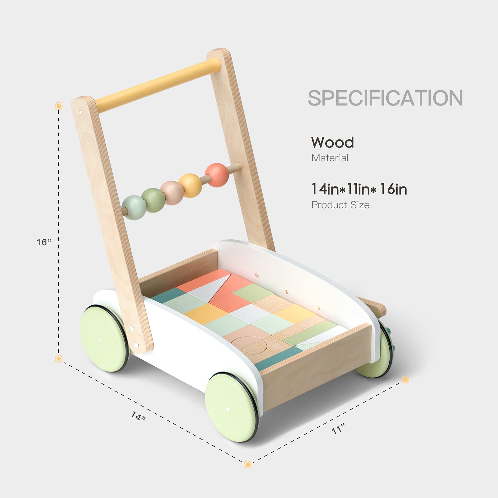 ROBUD Wooden Baby Push Walker for Boy Girls, Baby Learning Walking Toys, with Wooden Building Block Burlywood WG189