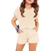 Haloumoning Girls Summer Outfits Casual Lounge Set Cap Sleeve T Shirt and Elastic Waist Shorts 2 Piece Clothing Sets