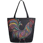 ZzWwR Chic Extra Large Shoulder Grocery Tote Bag, Beautiful Colorful Cock Rooster Print Canvas Reusable Handle Bags for Men Women Gym Weekender Picnic Beach Travel Home Storage Market Shopping