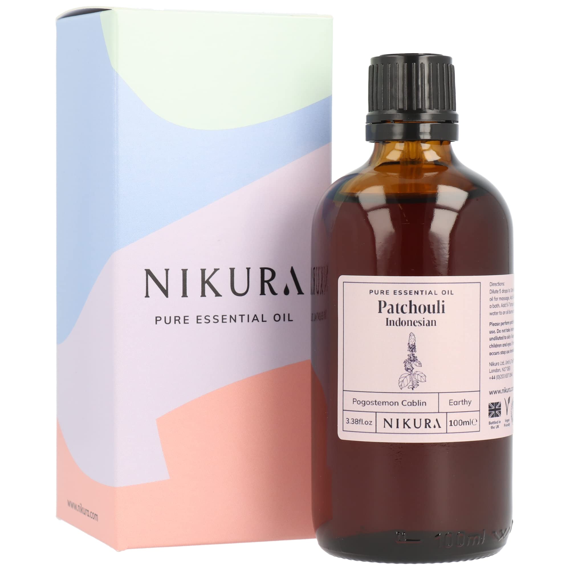 Nikura Patchouli (Indonesian) Essential Oil 100ml | 100% Pure Natural Oils | Perfect for Aromatherapy, Diffusers, Humidifier, Bath | Great for Self Care, Massage, Skin | Vegan & UK Made