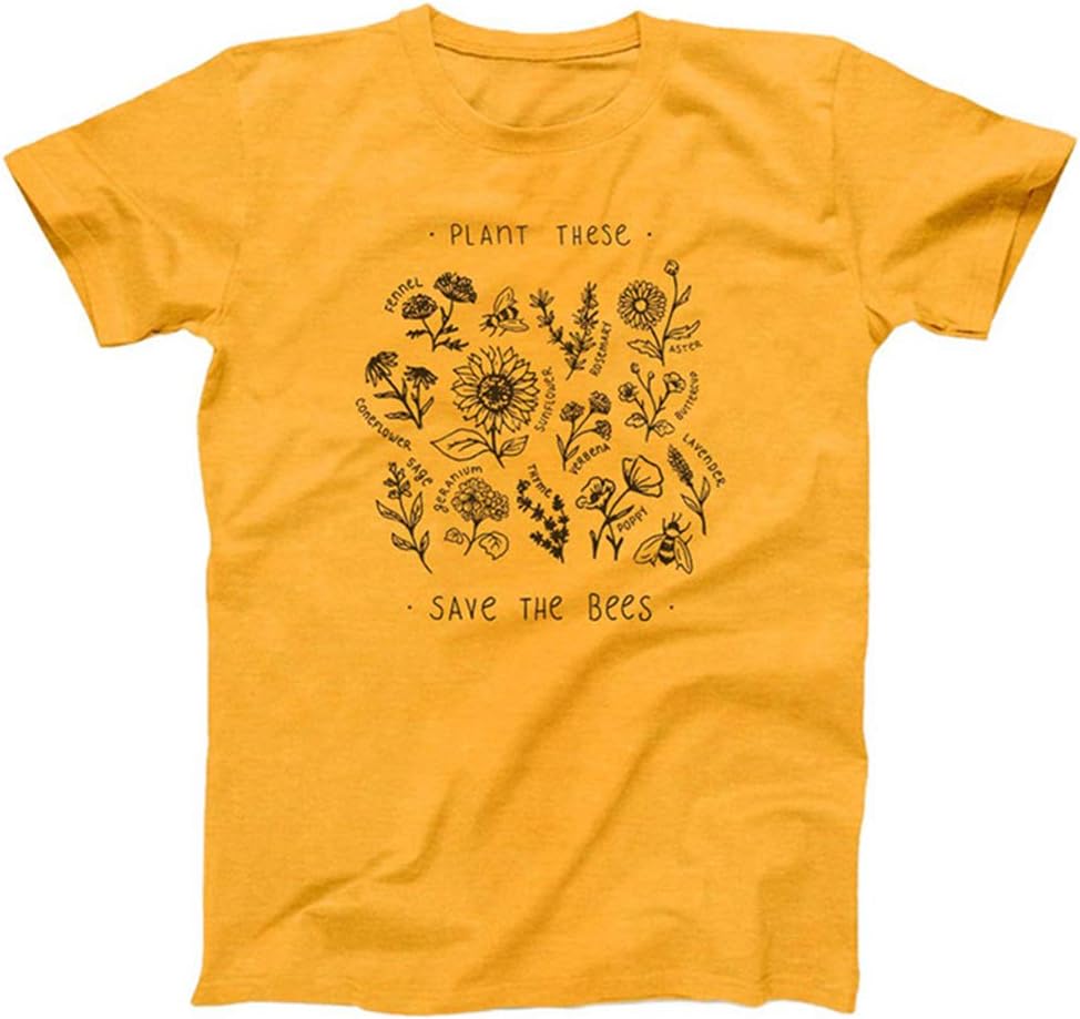 wlsomegoo Women Short Sleeve O-Neck Cotton Plant Graphic Letters Printed T-Shirt