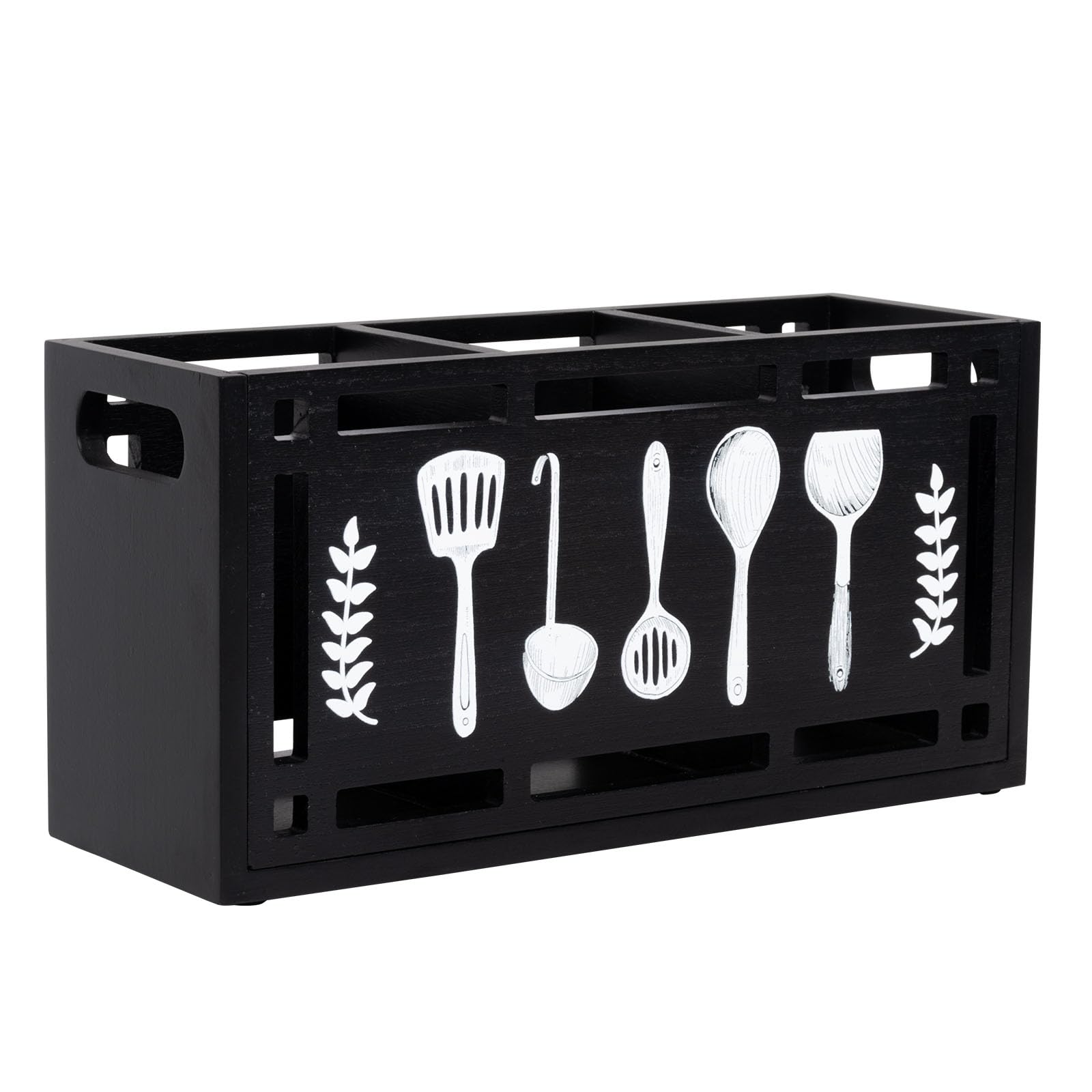 Karisky Utensil Holder for Kitchen Counter, Large 3 Compartments Solid Real Wood Utensil Caddy Organizer with 4 Non-Slip Pads, Rectangular Cooking Tools Storage for Countertop, Black