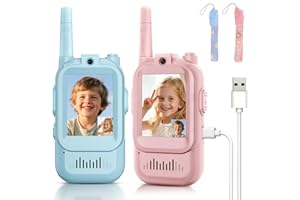 MINIBEAR Video Walkie Talkies for Kids, 2 Pack Rechargeable Toddler Toys with Voice Changer, 1000 Feet Range, Toys for Indoor Play, Camping, Hiking, Travel – Birthday for Boys and Girls Ages 3-12 (Blue/Pink)