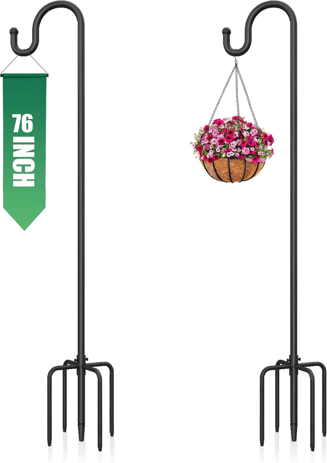 Outdoor Shepherd's Hooks - 2Packs Shepherds Hook for Outdoor Bird Feeders Pole 76 Inch Tall, Adjustable Heavy Duty Garden Hanger Stake Pole with 5 Prong Base, Shiny Black